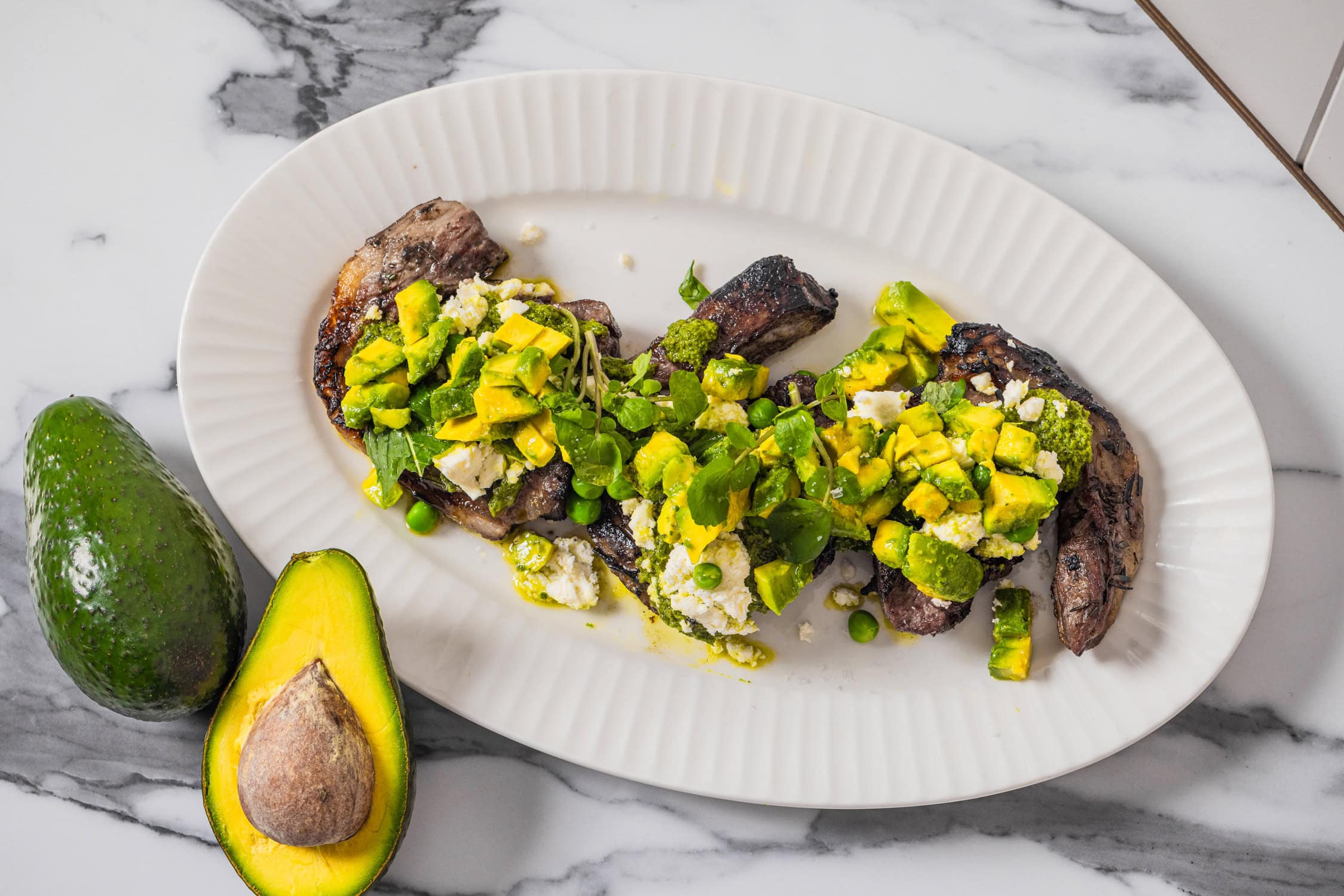 Fire Roasted Lamb Loin Chops with Mint & Australian Avocado Green Sauce, Feta, Watercress