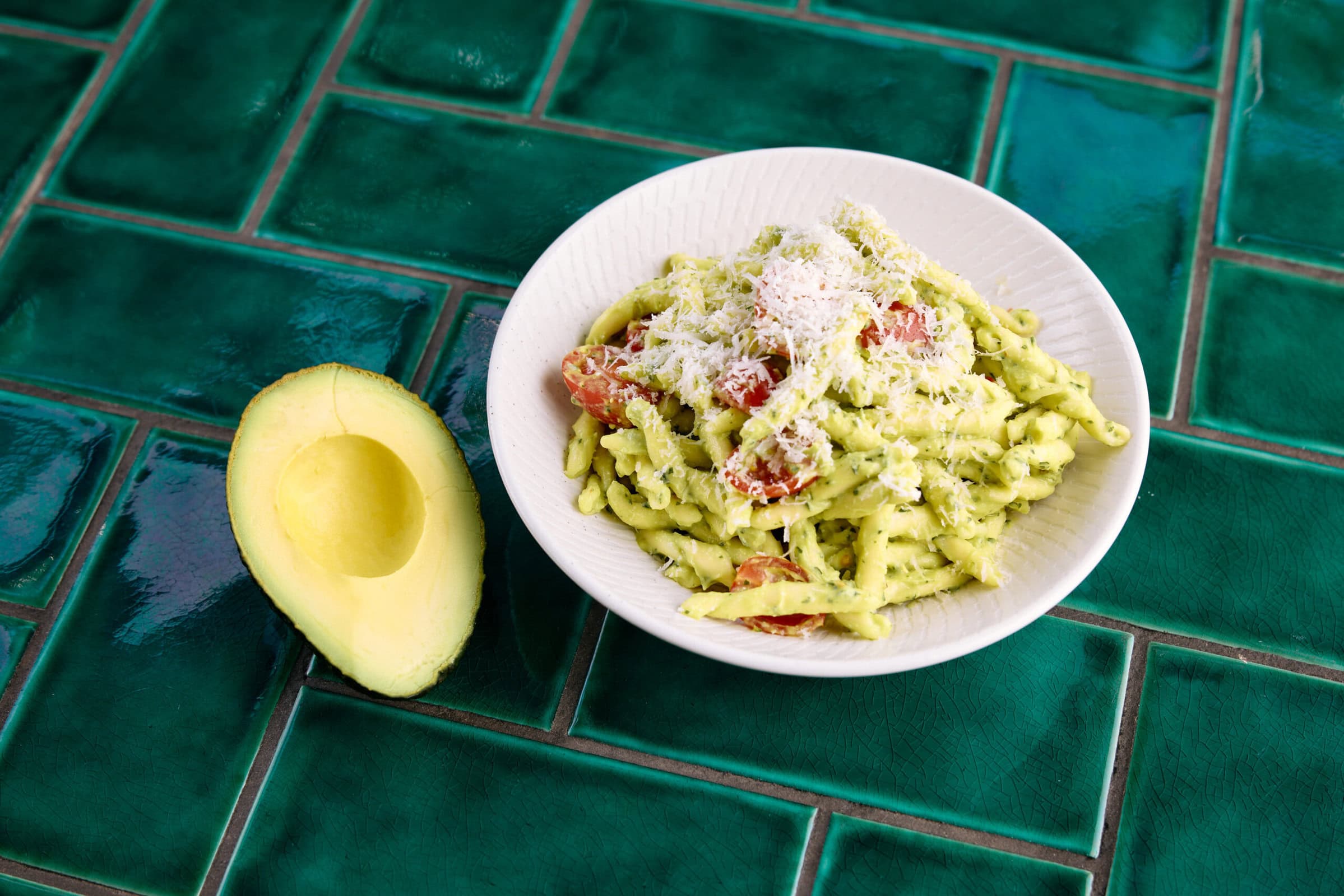 Australian Avocado Pesto Pasta with Cherry Tomatoes, Parmesan