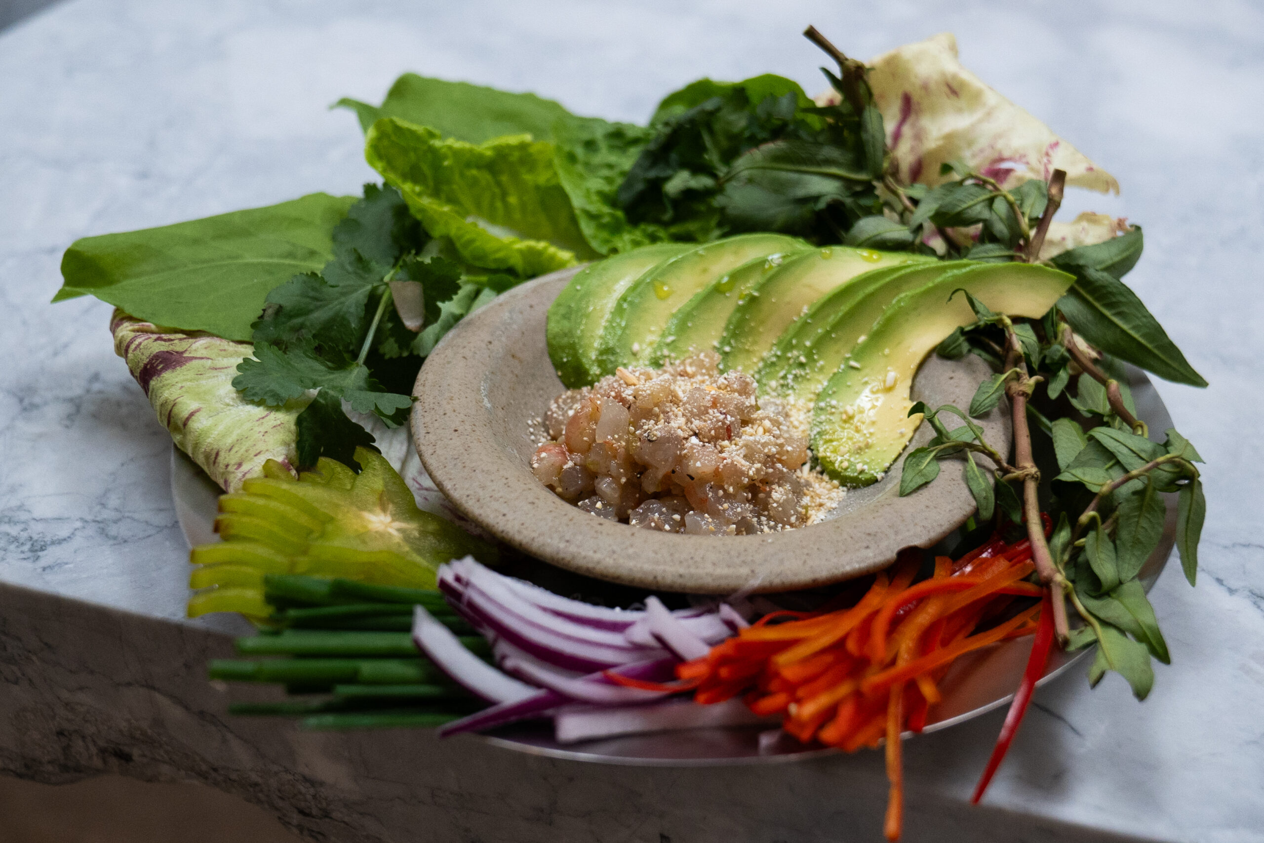 Red Sweet Prawn Crudo with Australian Avocado & Native Mint
