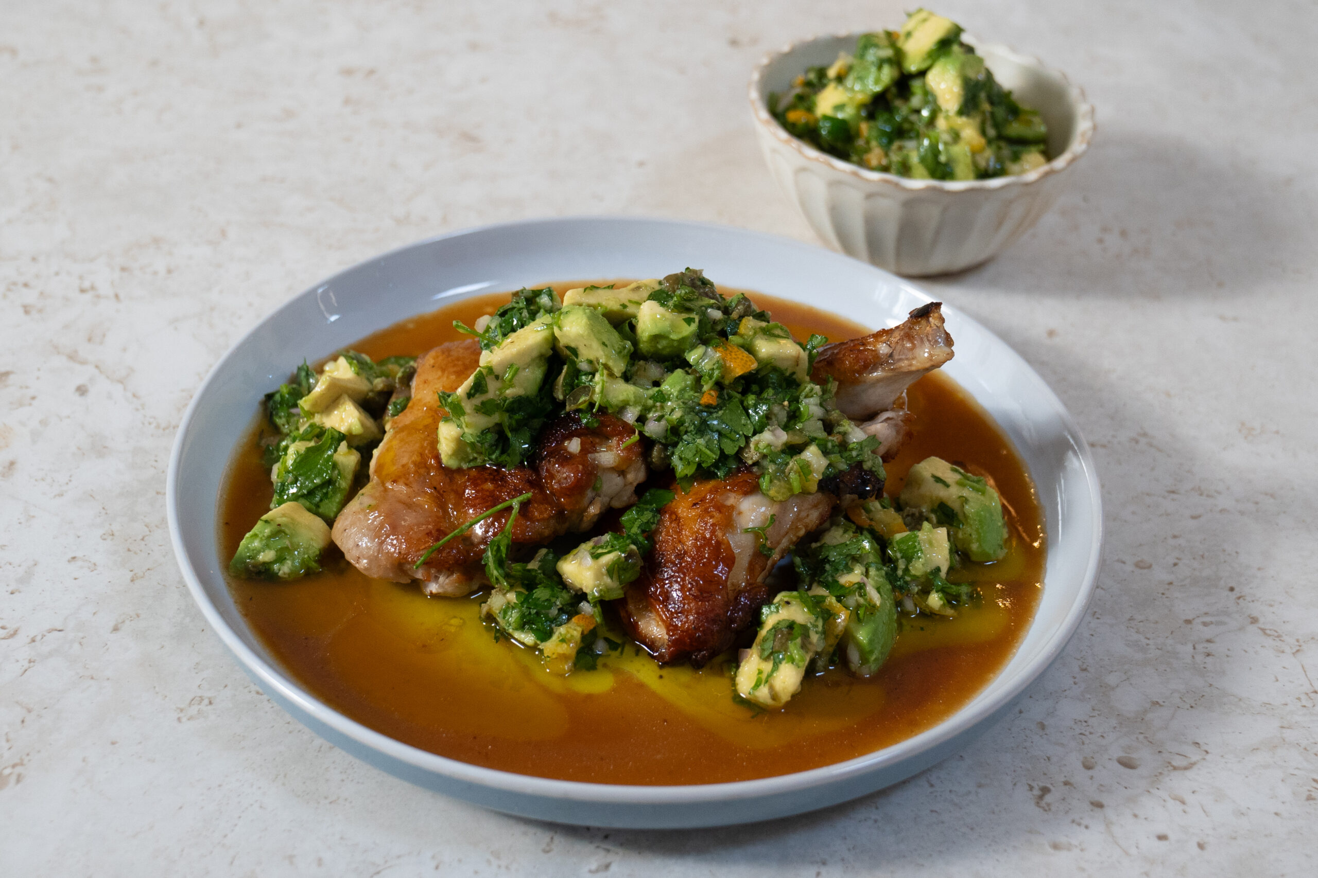 Chicken “Al Mattone” with Australian Avocado and Kumquat Salsa Verde